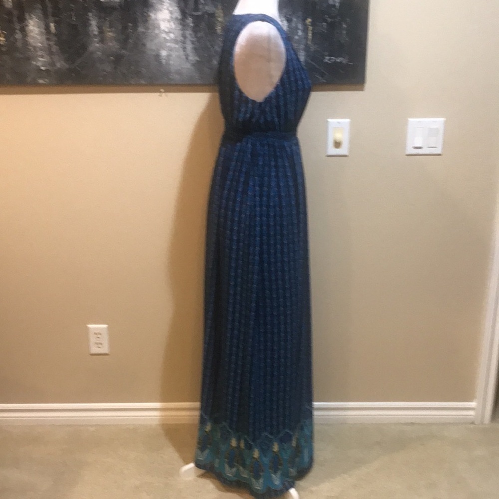 Mossimo Navy Blue/Turquoise/Gold Sleeveless V-Neck Elastic Waist Maxi Dress-M - Picture 7 of 13